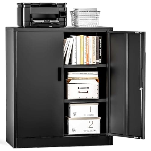 Image of Metal Storage Cabinet, 90cm Locking Storage Cabinet with Doors & Shelves, Steel Storage Cabinet with 2 Adjustable Shelves for Garage, Home, Office, Utility Room, Assembly Required(Black, 90 * 80 * 40)