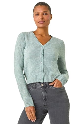 Image of Roman Originals Shimmer V-Neck Ribbed Cardigan for Women UK - Ladies Everyday Autumn Winter V-Neckline Comfy Soft Evening Vacation Work Party Night Out - Sage - Size L