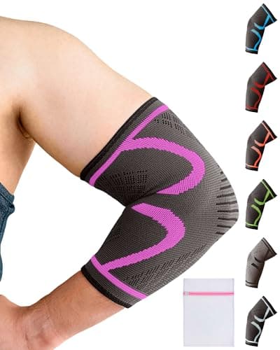 Image of 360 RELIEF Elbow Support for Men, Women, Kids, 1 Pack Compression Elbow Sleeve for Tennis, Golfers, Sports, Fitness, Gym, Weightlifting, Large, Pink + Laundry Bag
