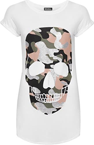 Image of WearAll Womens Camouflage Glitter Skull T-Shirt Ladies Print Cap Sleeve Curved Slit Hem White 14