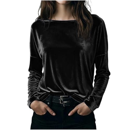 Image of Keepink Velvet Tops for Women UK Crew Neck Long Sleeve T-Shirt Loose Tunic Jumpers Plush Soft Casual Pullover Elegant Tee Shirts Cosy Dressy Everyday Blouses Ladies Velour Top