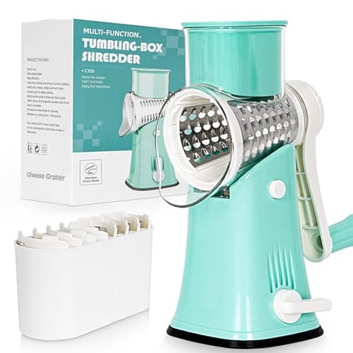 Image of Nexsujo 5-in-1 Rotary Cheese Grater Hand Crank, Vegetable Slicer Shredder with 5 Interchangeable Blades, Graters for Kitchen, Safe Kitchen Tool for Cheese, Nuts, Blue