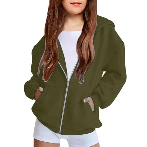 Image of Girl Zip up Hoodie Sweatshirt Age 9-10 Years Cute Sweatshirts for Teen Girls KidsFleece Full-Zip Stylish Cropped Pullovers Spring Fall Jackets with Pockets Casual Clothing Army Green