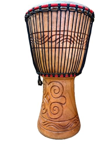Image of AMI 12-Inch Authentic Ghanaian Djembe Drum With Beautiful Hand Carvings - Comes With Three Free Instruments Worth £35