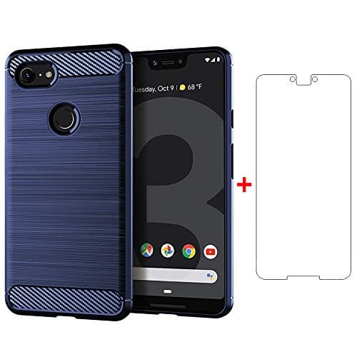 Image of Phone Case for Google Pixel 3 XL and Tempered Glass Screen Protector Film Cover with Mobile Bumper Accessories Slim Thin Shockproof Full Body Soft TPU Silicone Rubber Rugged 3XL XL3 Pixel3xl Blue