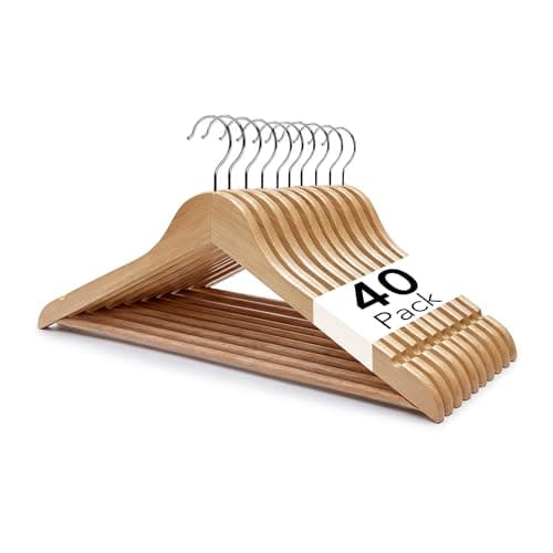 Image of Straame - Strong Brown Premium Wooden Coat Hangers - Made with Natural Wood and Non-Slip Trouser Coat Jacket Hangers Pants Bar - Extra Smooth Finish - Strong Shoulder Notches (Pack of 40)