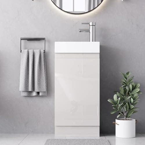 Image of BELOFAY 400mm Floor Standing Bathroom Vanity Unit With Basin - Slim Waterproof Laquered Cloakroom Vanity Unit with 1 Tap Hole Ceramic Basin & Waste | Reversible Tap Fitting (Denvor White)