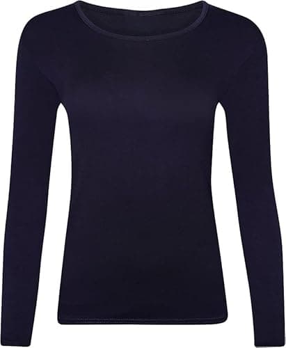 Image of New Ladies Long Sleeve Round Neck Plain Basic Women's Stretch T-Shirt (UK, Numeric, 8, Regular, Regular, Navy)