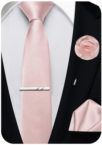 Image of Ailisus Blush Pink Skinny Tie and Pocket Square 2.4''(6cm) Solid Color Classic Slim Ties for Men Handky Lapel Pin Tie Clip Set Wedding Party