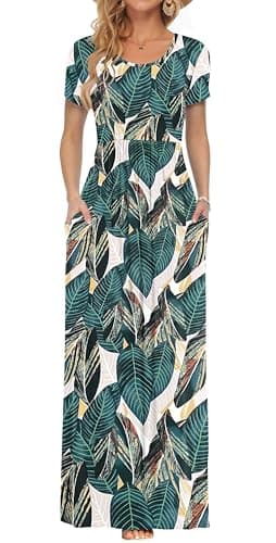Image of AUSELILY Maxi Dress for Women Summer Casual Long Dresses for Laydies with Pockets New Leaf Print L