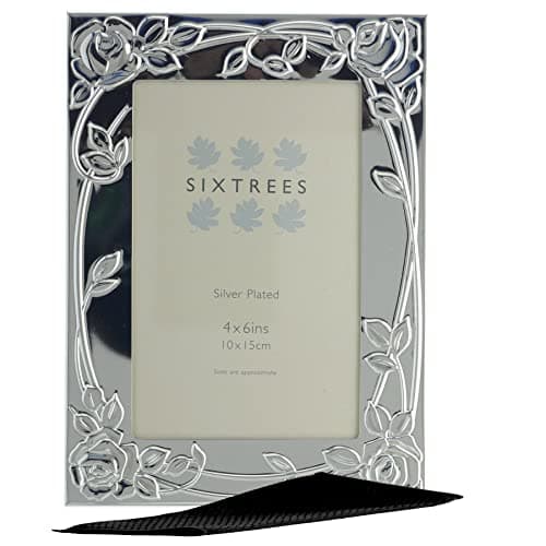 Image of Sixtrees 6-339-46 Selby Silver Plated 6x4 inch Photo Frame featuring Roses. Complete with Microfibre Polishing Cloth.