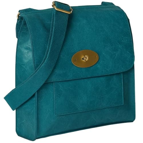 Image of Mabel London Women's Cross-Body Bags Leather Large/Medium Twist Lock Cross Body Messenger Bag Turnlock Shoulder Bag - Nadia (Teal)