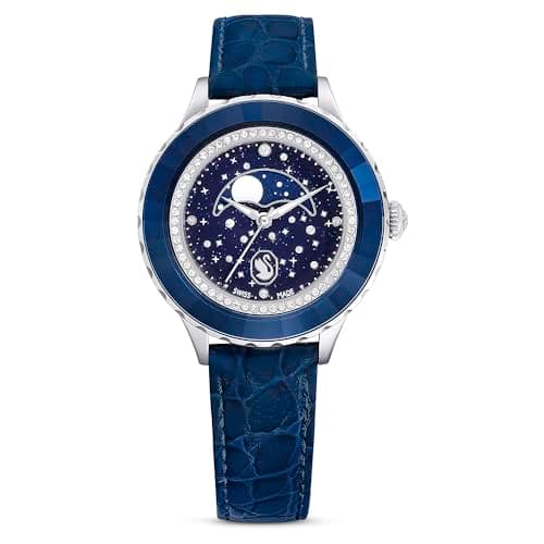 Image of Swarovski Octea Moon Watch, Swiss Made, Moon, Leather Strap, Blue, Blue Finish