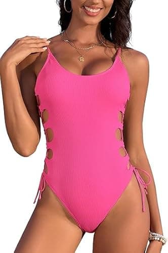 Image of SHEKINI Womens One Piece Swimsuits Cut Out Swimwear Tie Side Sexy Bathing Suit High Cut Body Shape Swimming Costume Monokini Vintage Adjustable, Fluorescent Pink, XL