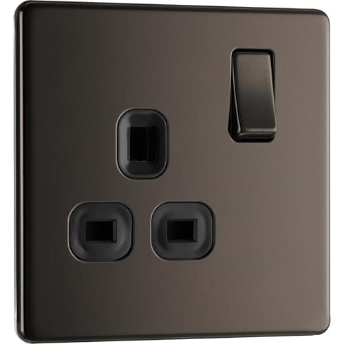 Image of BG Electrical Single Switched Power Plug Wall Socket, Screwless Front Plate, Slim Profile, Premium Flatplate, Black Nickel, 13A, FBN21B
