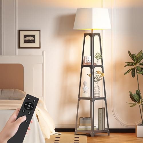 Image of Chartyou 4-Leg 3-Tier Floor Lamp with Storage Shelves, Black Industrial Standing Lamp with Linen Shade, Dimmable LED & Remote Control, Modern Floor Light for Living Room, Bedroom, Hallway