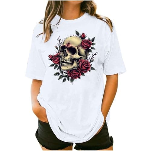 Image of Gothic T Shirts for Women UK Halloween Skull Skeleton Butterfly Graphic Tops Plus Size Short Sleeve Crewneck Oversized Tees Shirts Steampunk Pattern Pullover Tops Sporty02 White 3XL