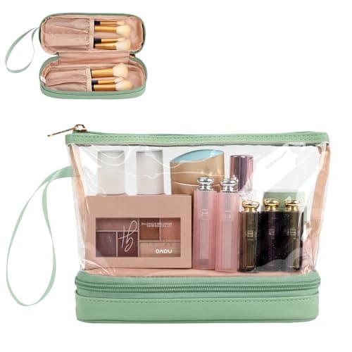 Image of Clear Makeup Bag Small Travel Makeup Bag with Brushes Organiser Compartments, TSA Approved Toiletry Bag for Travel Size Toiletries, Holiday Essentials Women, Green