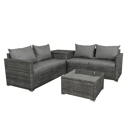 Image of Panana Rattan Garden Furniture Corner Sofa Set with Storage Box, 4 Seater Outdoor Sofa with Cushions, Coffee Table & Free Cover for Patio Garden Conservatory (Mixed Grey Rattan with Grey Cushions)
