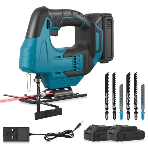 Image of Cordless Jig Saws 21V 450W with 3 Orbital Setting, Electric Jigsaw Tool with 2x2000mAh Batteries, Red Light Guide Line, Bevel Angle 0°-45°, for Wood PVC Metal Plywood Cutting