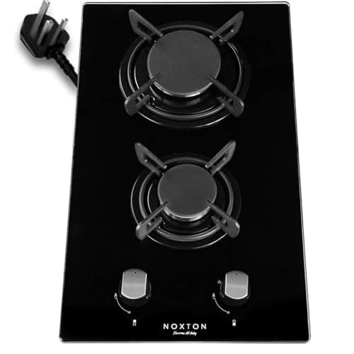 Image of NOXTON Gas Hob 2 Burner with LPG/NG Kit, Built-in Gas Cooker Plug & Go Easy Installation, Black Tempered Glass Easy to Clean, Cast Iron Pan Support, Flame Out Protection Prevent Leakage