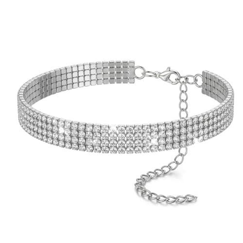Image of Neyauo Rhinestone Choker Necklace for Women, Silver Sparkly Crystal Diamond 4 Row Choker, Dainty Adjustable Tennis Collar Necklace for Prom, Wedding, Bridal, Party & Homecoming - Elegant Jewelry Gift