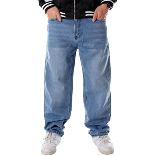 Image of Men Baggy Jeans Y2k Grunge Skater Pants Relaxed Fit Skateboard Jeans Hip Hop Dance Denim Pants Streetwear, Plain Blue, 44
