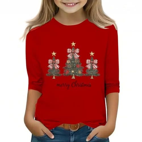 Image of duxyoz Red Xmas Tops for Girl Long Sleeve T Shirts Casual Round Neck Blouse Soft Comfy Crewneck Blouse Loose Fit Basic Tees Lightweight Pullover Tshirt Christmas Jumper 7-8 Years