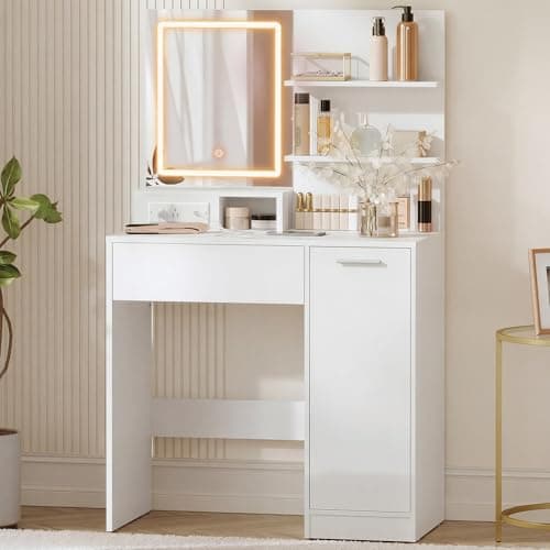 Image of VASAGLE KAILYN Collection - Dressing Table with LED Lights and Power Outlet, Vanity Table with Mirror, Adjustable Shelves, 1 Drawer, 2 Open Shelves, Modern Makeup Desk, White RDT138W03