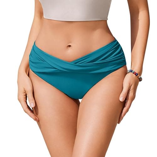 Image of Ekouaer Women's Bikini Bottoms Swim Pants Twist Front Ruched Swimsuit Basic Swimwear Lake Blue L