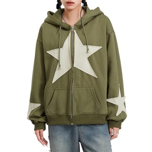 Image of Women Y2K Zip Up Hoodie Star Print Oversized Sweatshirts Fairy Grunge Graphic Hooded Jacket Harajuku Aesthetic E-Girls Streetwear (b-Green, M)
