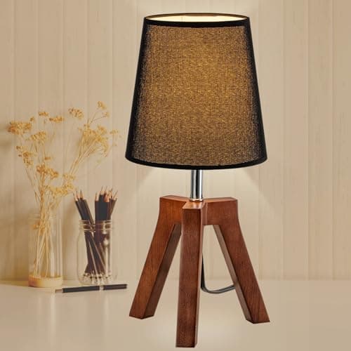 Image of Dreamholder Wood Bedside Table Lamp, Tripod Desk Lamp with On-Off Switch, Nightstand Lamp with Fabric Shade for Reading, Bedroom, Living Room, Office, Walnut Base with Black Shade
