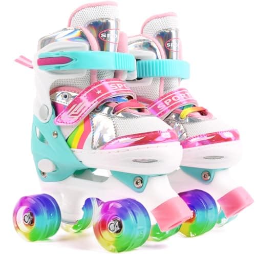 Image of Ceestyle Rainbow Adjustable Quad Roller Skates Kids, All Light Up Wheels of Skates Shine, Illuminating Light Up Wheels, With Built In Adjusters Kids Roller Boots for Boys and Girls, Pink 1-4.5