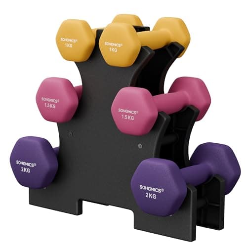 Image of SONGMICS Set of 6 Dumbbells with Storage Stand, Hand Weights with Neoprene Coating, Hexagonal Dumbbells, 1 kg, 1.5 kg, 2 kg, Home Workout, Fitness, Yellow, Pink, and Purple SYL609B02
