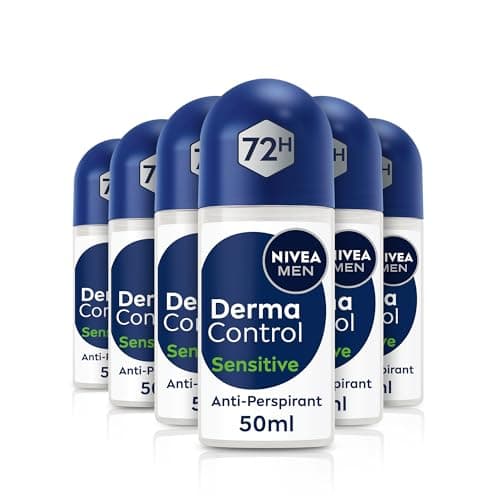 Image of NIVEA MEN Derma Control Sensitive Roll On (6 x 50ml), Anti-Perspirant Formula for Defence Against Odour and Staining, 72H Protection Deodorant for Sensitive Skin, Pack of 6
