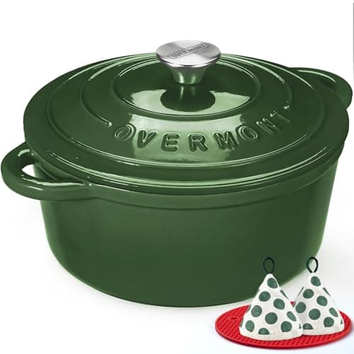 Image of Overmont 26cm/5.2L Enamelled Cast Iron Round Casserole Dish With Lid,5.5QT, Cookbook -Non-stick Dutch Oven for Braising, Stews, Roasting, Bread Baking - Highlighter green