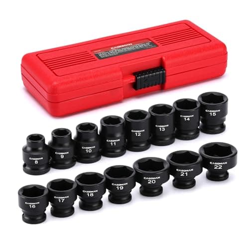 Image of CASOMAN 15PCS 3/8" Drive Stubby Impact Socket Set, Low Profile, 8-22mm, Metric, CR-MO, 6-Point, 15 Pieces Shallow Socket Set for Automotive Maintenance, Repairs and DIY, for Tight Areas