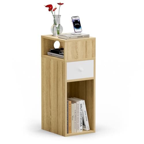 Image of VOUNOT® Slim Bedside Table, Narrow Wood Bedside Cabinet with Drawer and Open Shelf, Small Bedside Unit, Thin Nightstand for Bedroom, Living Room, Natrual