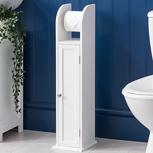 Image of CHRISTOW Free Standing Toilet Roll Holder Cabinet, White Wooden Toilet Roll Storage Unit With Shelf