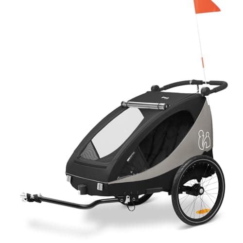 Image of hauck Dryk Duo Plus, Black - 2in1 Kids Bike Trailer & Pushchair with Suspension 2 Seats Folding Bicycle Trailer with XL Storage, Tow Bar, Hitch, Pennant, Stroller Wheel & LED Rear Light
