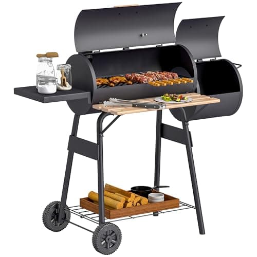 Image of Outsunny Charcoal Barbecue Grill with Offset Smoker, Barrel BBQ Trolley with 3 Storage Shelves & Thermometer for Outdoor Garden Camping Picnic Cooking, Black
