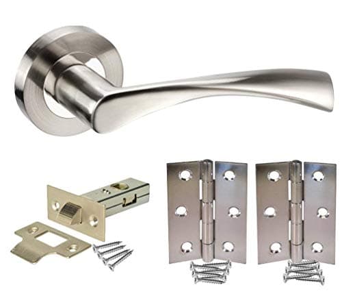 Image of Golden Grace Astrid Design Modern Door Handles on Round Rose in Dual Finish with Tubular Latch & Pair of Hinges