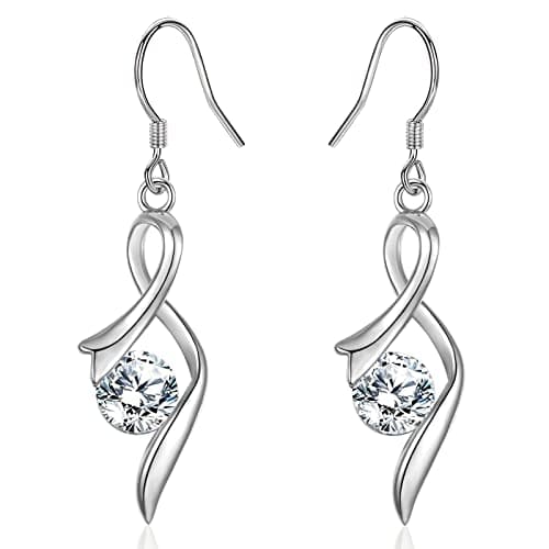 Image of Sterling Silver Drop Earrings for Women, Silver Dangle Earrings with Cubic Zirconia │Linear Forever Love Hypoallergenic Earring for Sensitive Ears│Birthday Anniversary Christmas Jewellery Gift Silver