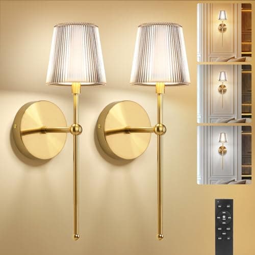 Image of Kimjo Acrylic Gold Battery Operated Wall Lights Set of 2, 5200mAh Rechargeable Wall Light Indoor, Modern Wall Sconces with Remote, Wireless Wall Mounted Lamps for Bedroom Living Room Dining Room