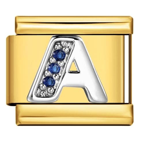 Image of Mon & Sons A Crystal 18k Gold Letter Initial Name Tag Alphabet Personalised Birthday Silver Italian 9mm Link Stainless Steel Bracelet Charm Compatible With 9mm Link