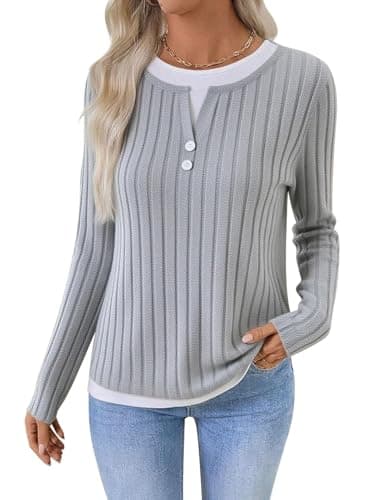 Image of Awinclo Womens Elegant Jumper Crewneck Color Block Fitted Ladies Long Sleeve Sweater with Buttons Casual Striped Pullover Sweatshirt Tshirt Fall Fashion Outfit for Women UK Light Grey Large