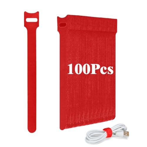 Image of 100 PCS Cable Ties Reusable - 150x12 mm Adjustable Cable Straps Nylon Charging Cord Hook and Loop Securing Tape Wire Tidy Straps Organiser, Ideal for Electronics Headphones - Red