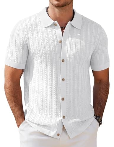 Image of COOFANDY Men's Short Sleeve Knitted Polo Shirts Stretch Cable Knit Full Button Golf Shirt Polo T-Shirt White L