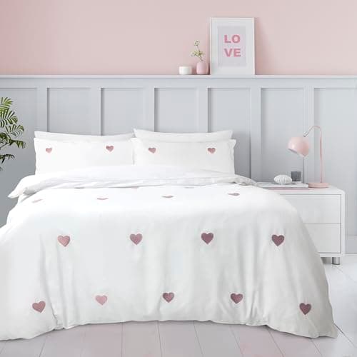 Image of Lions White Bedding King Size - Soft Embroidered Duvet Cover Sets with Matching Pillowcase - Poly Cotton Reversible Hearts Pink Embossed Hotel Quality Quilt Cover (230x220cm)
