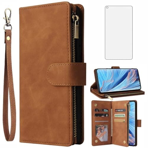 Image of Asuwish Compatible with OPPO Reno 4 Pro 5G Wallet Case Tempered Glass Screen Protector and Leather Flip Cover Card Holder Stand Cell Accessories Protective Phone Cases for Reno4 4Pro Women Men Brown